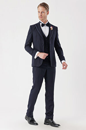 Desenli Armürlü Çıkarılabilir Mono Yaka Yelekli 6 Drop Slim Fit Smokin Damatlık Takım 1001230202 Koyu Lacivert