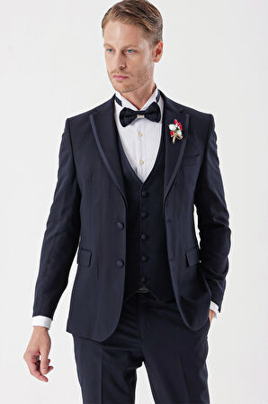 Desenli Armürlü Çıkarılabilir Mono Yaka Yelekli 6 Drop Slim Fit Smokin Damatlık Takım 1001230202 Koyu Lacivert