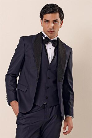 Desenli Çıkarılabilir Şal Yaka Yelekli 6 Drop Slim Fit Smokin Damatlık Takım 1001230203 Koyu Lacivert