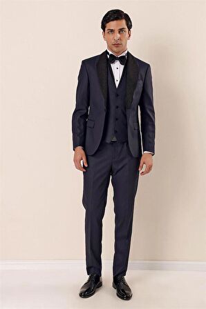 Desenli Çıkarılabilir Şal Yaka Yelekli 6 Drop Slim Fit Smokin Damatlık Takım 1001230203 Koyu Lacivert