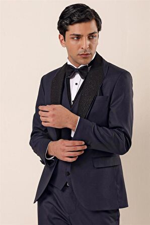 Desenli Çıkarılabilir Şal Yaka Yelekli 6 Drop Slim Fit Smokin Damatlık Takım 1001230203 Koyu Lacivert
