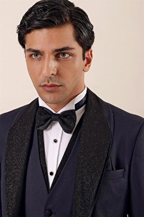 Desenli Çıkarılabilir Şal Yaka Yelekli 6 Drop Slim Fit Smokin Damatlık Takım 1001230203 Koyu Lacivert