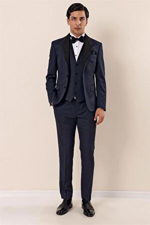 Desenli Çıkarılabilir Şal Yaka Yelekli 6 Drop Slim Fit Smokin Damatlık Takım 1001230204 Koyu Lacivert