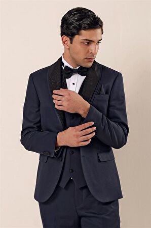 Desenli Çıkarılabilir Şal Yaka Yelekli 6 Drop Slim Fit Smokin Damatlık Takım 1001230204 Koyu Lacivert