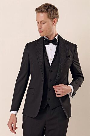 Desenli Çıkarılabilir Şal Yaka Yelekli 6 Drop Slim Fit Smokin Damatlık Takım 1001230210 Siyah