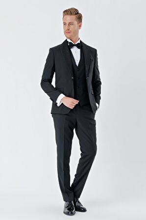 Çizgili Çıkarılabilir Şal Yaka Yelekli 6 Drop Slim Fit Smokin Damatlık Takım 1001230212 Siyah