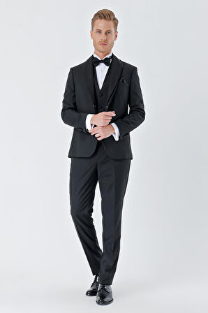 Çizgili Çıkarılabilir Şal Yaka Yelekli 6 Drop Slim Fit Smokin Damatlık Takım 1001230212 Siyah