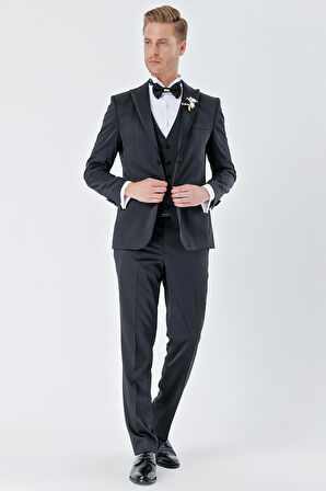 Desenli Armürlü Çıkarılabilir Kırlangıç Yaka 6 Drop Slim Fit Smokin Damatlık Takım 1001230213 Siyah