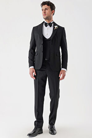 Desenli Armürlü Çıkarılabilir Şal Yaka Kruvaze 6 Drop Slim Fit Smokin Damatlık Takım 1001230214 Siyah