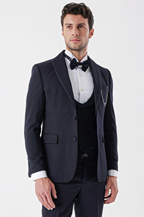 Desenli Armürlü Çıkarılabilir Şal Yaka Kruvaze 6 Drop Slim Fit Smokin Damatlık Takım 1001230214 Koyu Lacivert