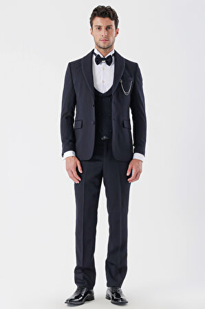 Desenli Armürlü Çıkarılabilir Şal Yaka Kruvaze 6 Drop Slim Fit Smokin Damatlık Takım 1001230214 Koyu Lacivert