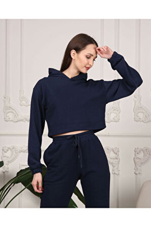 Kadın Lacivert Crop Sweatshirt Oversize Rahat Giyim