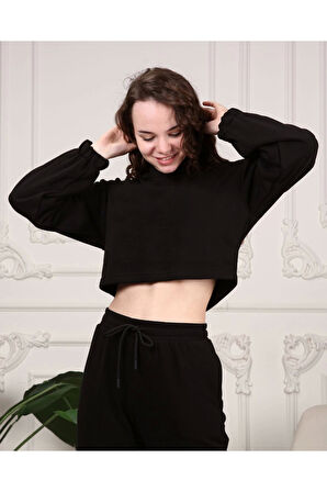 Kadın Siyah Crop Sweatshirt Oversize Rahat Giyim