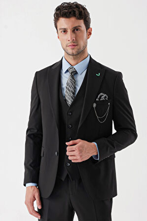 Desenli Armürlü Kırlangıç Yaka Yelekli Likralı 6 Drop Slim Fit Takım Elbise 1001235154 Siyah