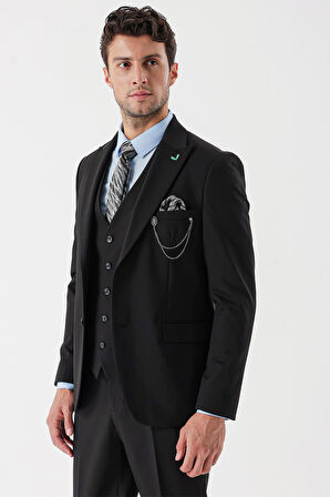 Desenli Armürlü Kırlangıç Yaka Yelekli Likralı 6 Drop Slim Fit Takım Elbise 1001235154 Siyah