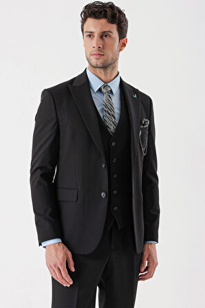 Desenli Armürlü Kırlangıç Yaka Yelekli Likralı 6 Drop Slim Fit Takım Elbise 1001235154 Siyah