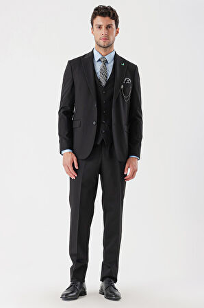 Desenli Armürlü Kırlangıç Yaka Yelekli Likralı 6 Drop Slim Fit Takım Elbise 1001235154 Siyah