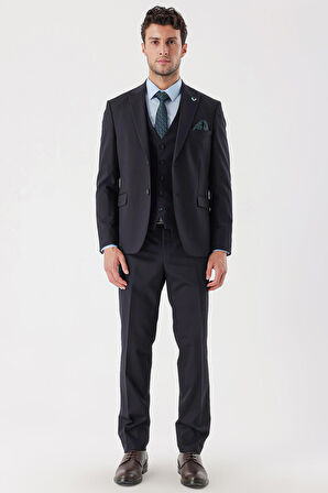 Desenli Armürlü Kırlangıç Yaka Yelekli Likralı 6 Drop Slim Fit Takım Elbise 1001235154 Koyu Lacivert