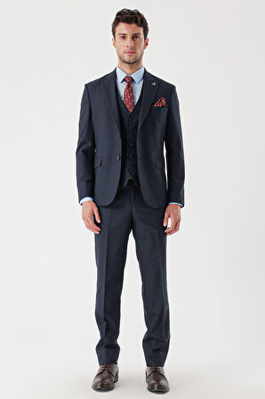 Desenli Armürlü Kırlangıç Yaka Yelekli Likralı 6 Drop Slim Fit Takım Elbise 1001235156 Koyu Lacivert