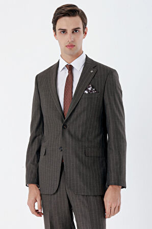 Çizgili Mono Yaka 6 Drop Comfort Fit Rahat Kesim Klasik Takım Elbise 1001235158 Koyu Kahverengi