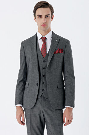 Desenli Kırlangıç Yaka Yelekli 6 Drop Slim Fit Dar Kesim Klasik Takım Elbise 1001235159 Siyah