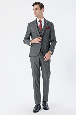 Desenli Kırlangıç Yaka Yelekli 6 Drop Slim Fit Dar Kesim Klasik Takım Elbise 1001235159 Siyah