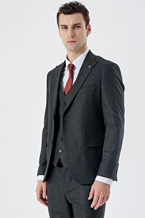 Kırlangıç Yaka Yelekli 6 Drop Slim Fit Dar Kesim Klasik Takım Elbise 1001235164 Koyu Antrasit