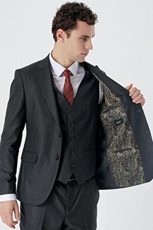 Kırlangıç Yaka Yelekli 6 Drop Slim Fit Dar Kesim Klasik Takım Elbise 1001235164 Koyu Antrasit