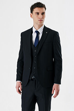 Siyah Kırlangıç Yaka Yelekli 6 Drop Slim Fit Dar Kesim Klasik Takım Elbise 1001235165