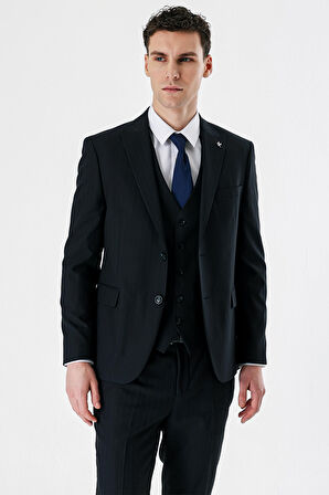 Siyah Kırlangıç Yaka Yelekli 6 Drop Slim Fit Dar Kesim Klasik Takım Elbise 1001235165