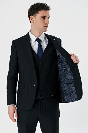 Siyah Kırlangıç Yaka Yelekli 6 Drop Slim Fit Dar Kesim Klasik Takım Elbise 1001235165