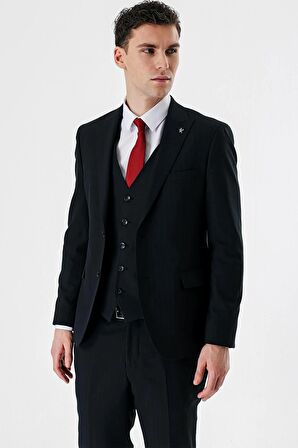 Koyu Lacivert Kırlangıç Yaka Yelekli 6 Drop Slim Fit Dar Kesim Klasik Takım Elbise 1001235165