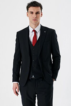 Koyu Lacivert Kırlangıç Yaka Yelekli 6 Drop Slim Fit Dar Kesim Klasik Takım Elbise 1001235165