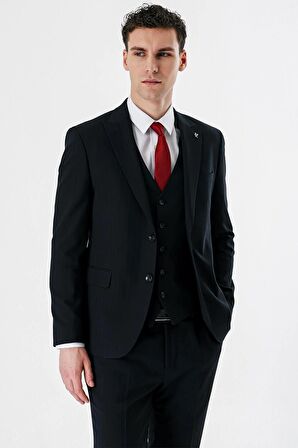 Koyu Lacivert Kırlangıç Yaka Yelekli 6 Drop Slim Fit Dar Kesim Klasik Takım Elbise 1001235165