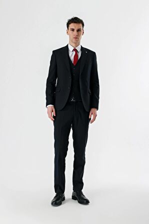 Koyu Lacivert Kırlangıç Yaka Yelekli 6 Drop Slim Fit Dar Kesim Klasik Takım Elbise 1001235165