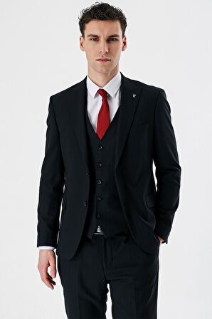 Koyu Lacivert Kırlangıç Yaka Yelekli 6 Drop Slim Fit Dar Kesim Klasik Takım Elbise 1001235165