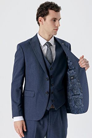 Kırlangıç Yaka Yelekli 6 Drop Slim Fit Dar Kesim Klasik Takım Elbise 1001235168 Koyu Lacivert