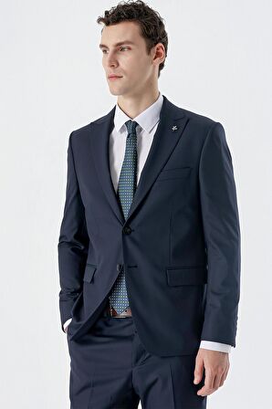 Koyu Lacivert Kırlangıç Yaka Yünlü Likralı 6 Drop Slim Fit Dar Kesim Klasik Takım Elbise 1001235175