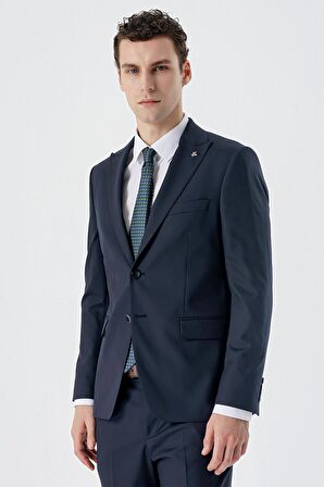 Koyu Lacivert Kırlangıç Yaka Yünlü Likralı 6 Drop Slim Fit Dar Kesim Klasik Takım Elbise 1001235175
