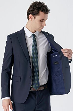 Koyu Lacivert Kırlangıç Yaka Yünlü Likralı 6 Drop Slim Fit Dar Kesim Klasik Takım Elbise 1001235175