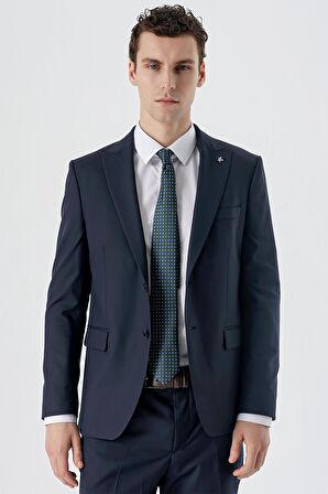 Koyu Lacivert Kırlangıç Yaka Yünlü Likralı 6 Drop Slim Fit Dar Kesim Klasik Takım Elbise 1001235175