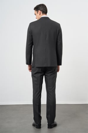 Koyu Antrasit Desenli Mono Yaka Yünlü Likralı 6 Drop Comfort Fit Rahat Kesim Klasik Takım Elbise 1001235904
