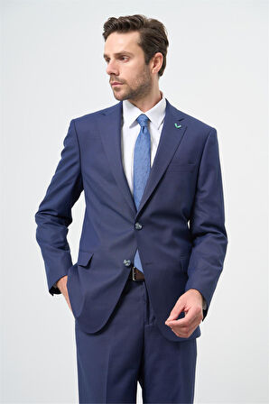 Lacivert Desenli Mono Yaka Yünlü Likralı 6 Drop Comfort Fit Rahat Kesim Klasik Takım Elbise 1001235904