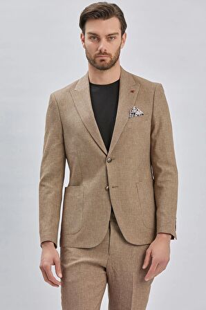 Kahverengi Kırlangıç Yaka Pamuklu Keten 6 Drop Slim Fit Dar Kesim Klasik Takım Elbise 1001240103