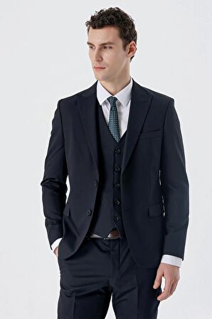 Koyu Lacivert Armürlü Kırlangıç Yaka Yelekli Likralı 6 Drop Slim Fit Dar Kesim Klasik Takım Elbise 1001240150