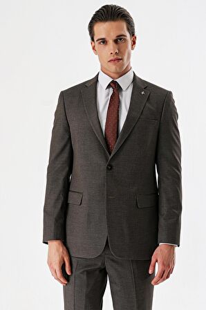Kahverengi Desenli Armürlü Mono Yaka Beli Lastikli Likralı 6 Drop Comfort Fit Takım Elbise 1001240151