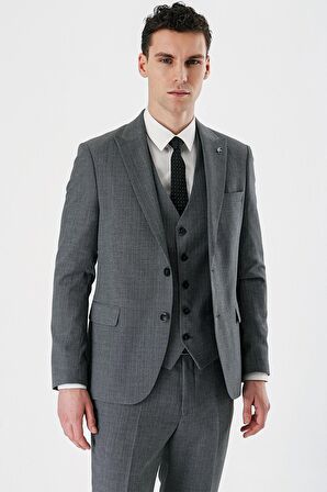 Füme Desenli Kırlangıç Yaka Yelekli 6 Drop Slim Fit Dar Kesim Klasik Takım Elbise 1001240157
