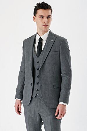 Füme Desenli Kırlangıç Yaka Yelekli 6 Drop Slim Fit Dar Kesim Klasik Takım Elbise 1001240157