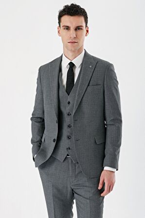 Füme Desenli Kırlangıç Yaka Yelekli 6 Drop Slim Fit Dar Kesim Klasik Takım Elbise 1001240157