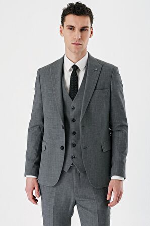 Füme Desenli Kırlangıç Yaka Yelekli 6 Drop Slim Fit Dar Kesim Klasik Takım Elbise 1001240157